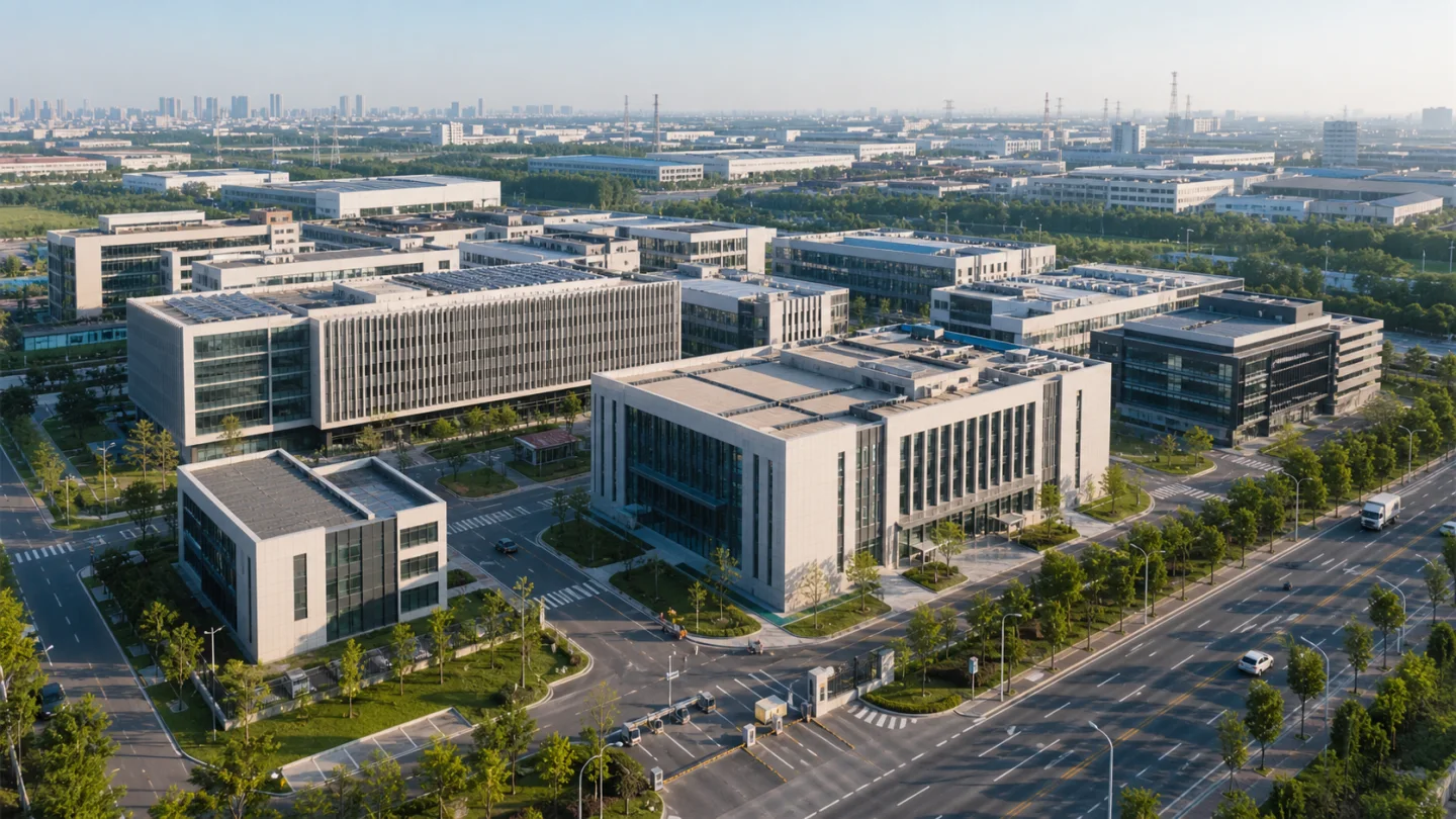 现代产业园区建筑、道路与绿化空间的航拍全景